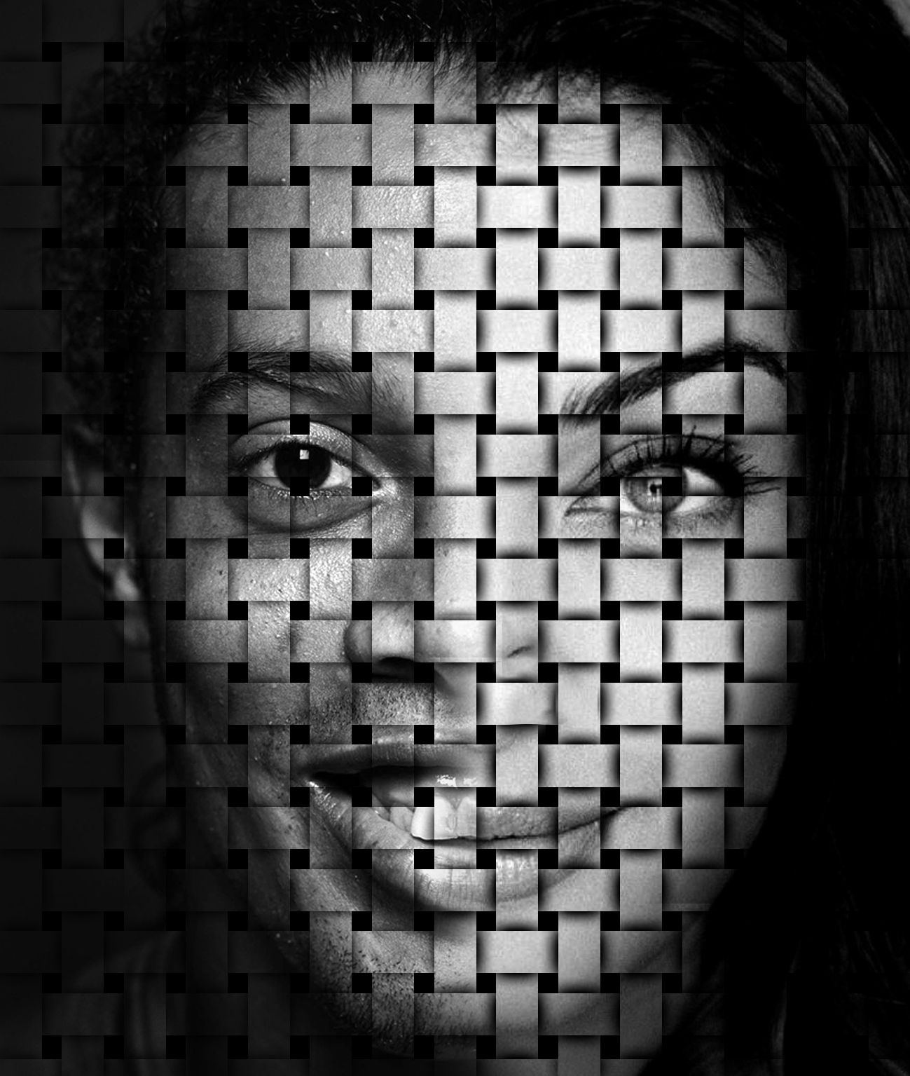 Black and white graphic design of two faces woven together with intricate lines.